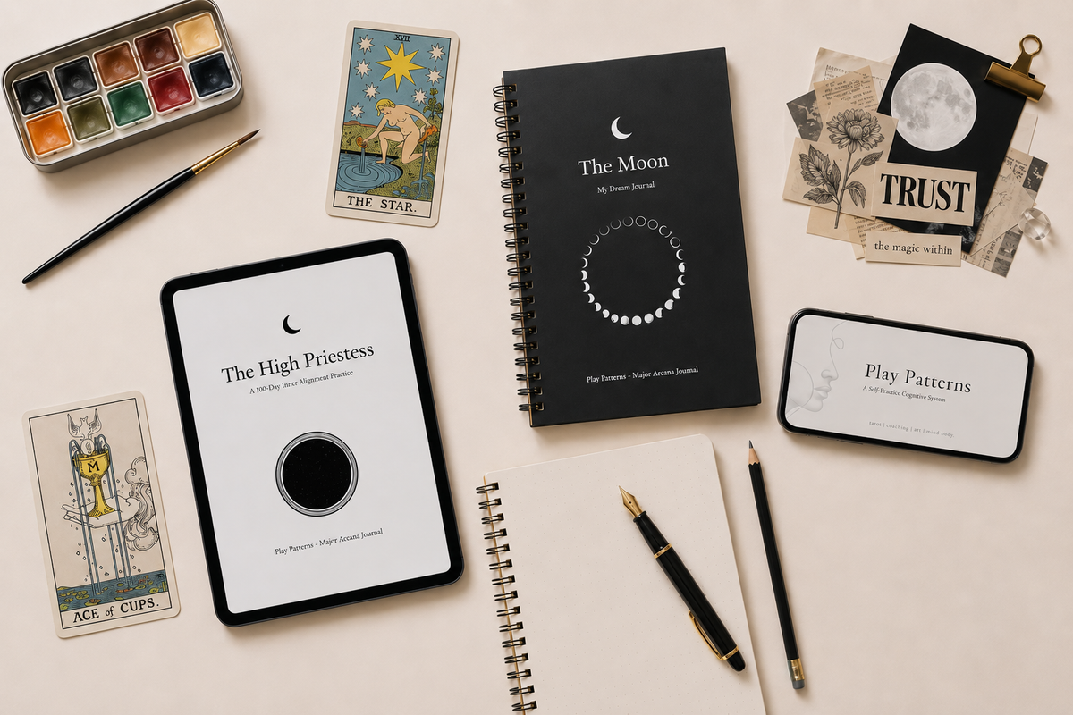 Play Patterns workbook from the Play Patterns System Bundle on a styled desk with stationery items and Tarot cards