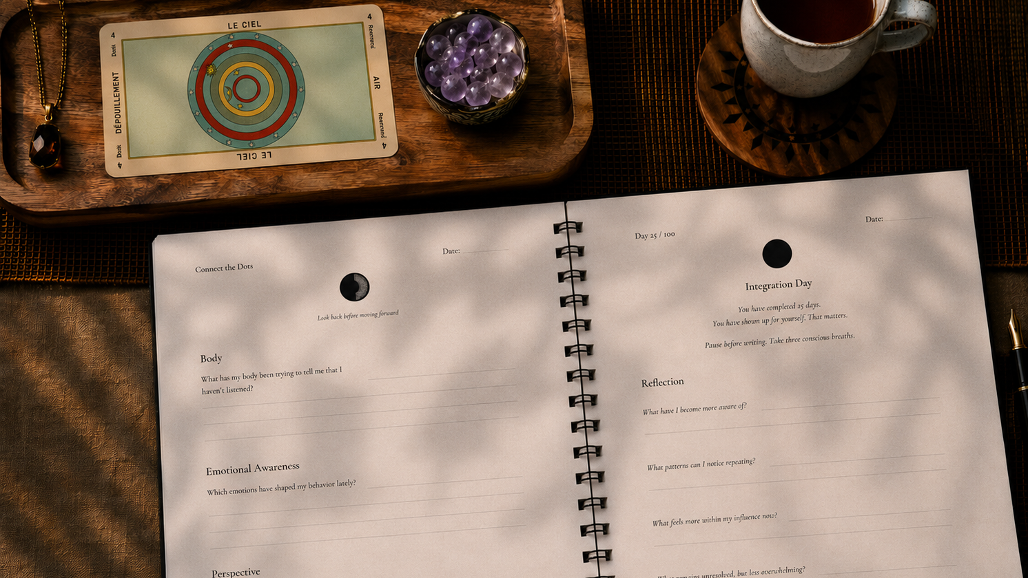 Inside preview of High Priestess Journal – daily reflection prompts and mindful layout