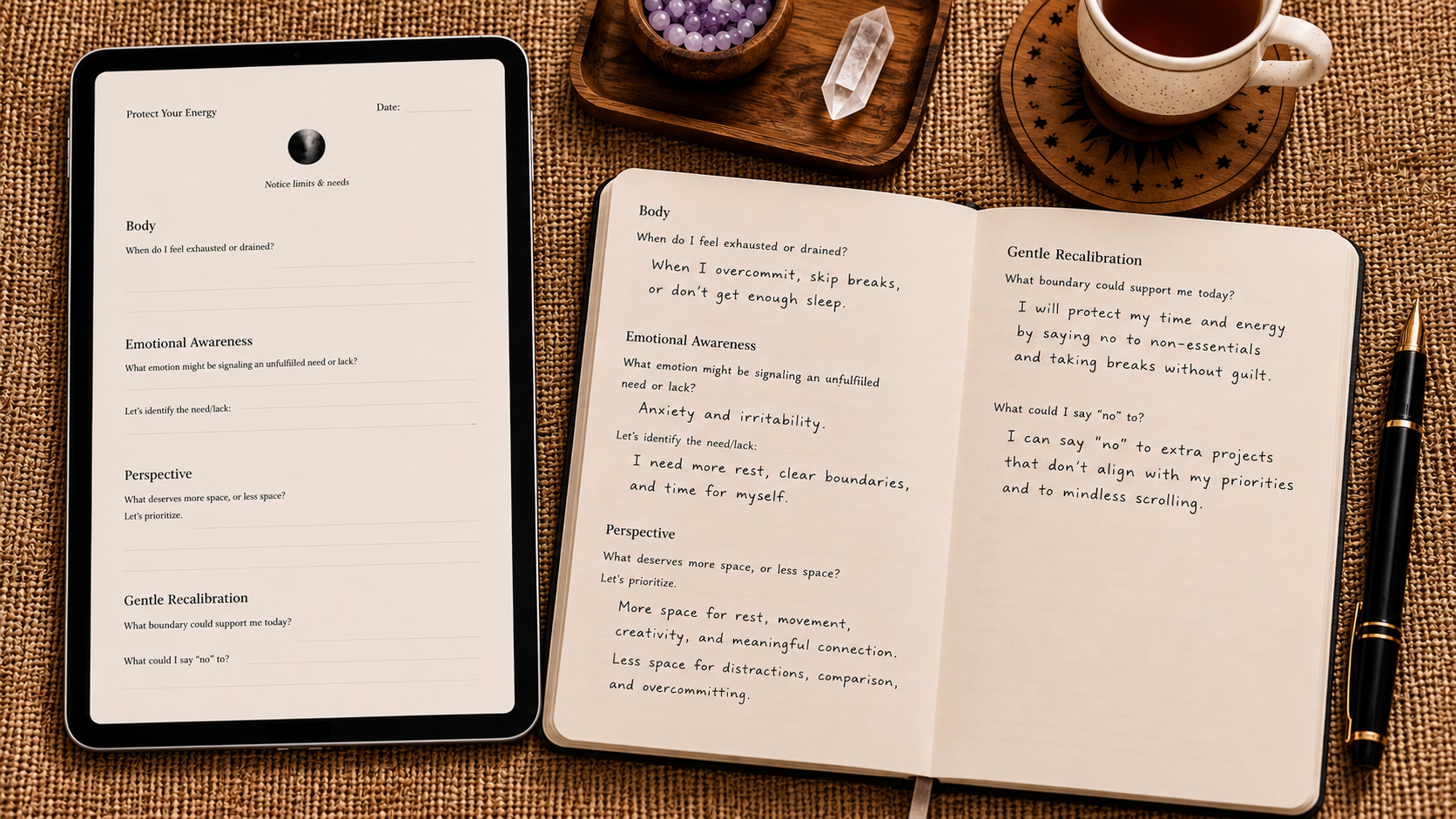 High Priestess Journal lifestyle shot – tarot-inspired self-reflection journal on desk