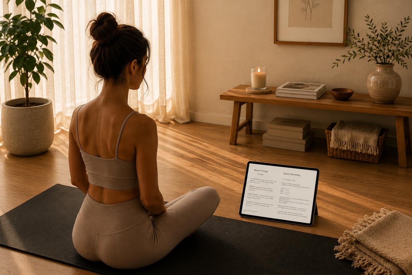 Woman practicing yoga in a serene room with a tablet showing a yoga app. Play Patterns – mindfulness workbook for overthinkers and high-achievers