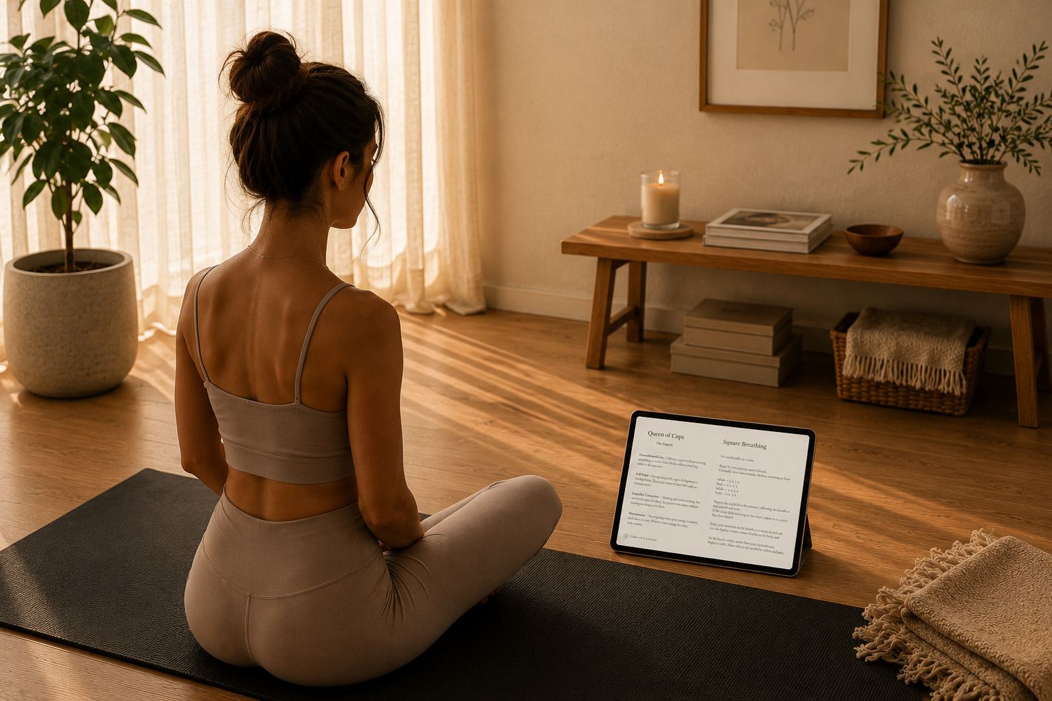 Woman practicing yoga in a serene room with a tablet showing a yoga app. Play Patterns – mindfulness workbook for overthinkers and high-achievers