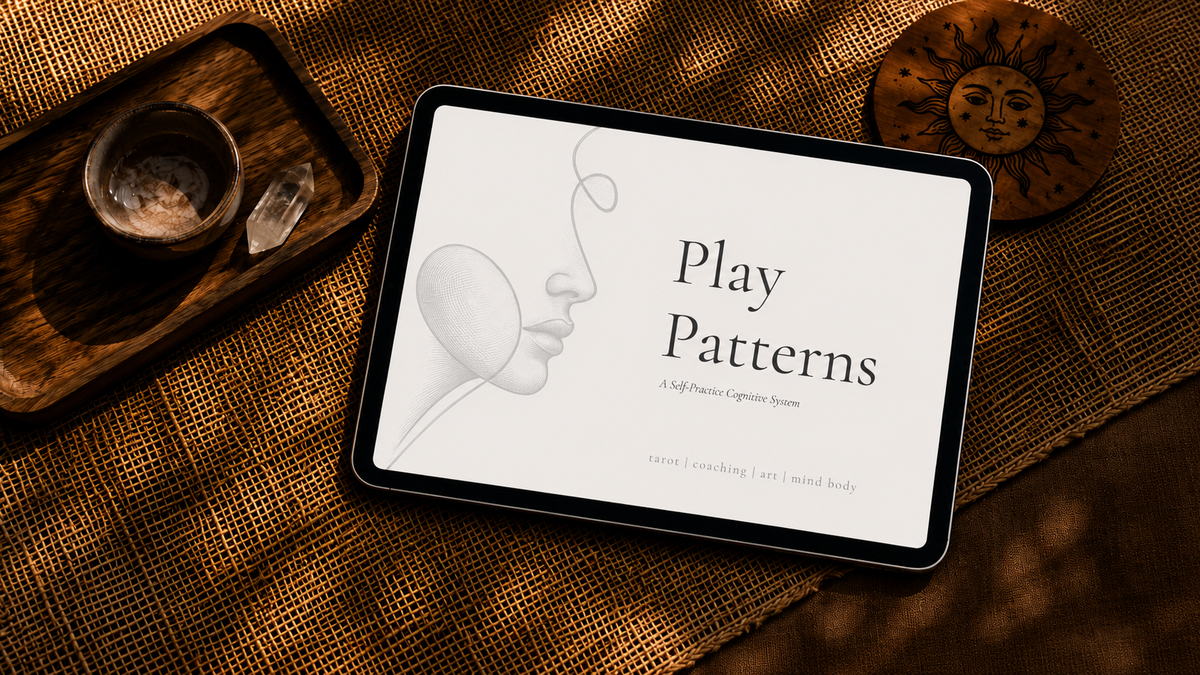 Play Patterns workbook flat lay – self-guided mindfulness journal with botanicals and wooden items