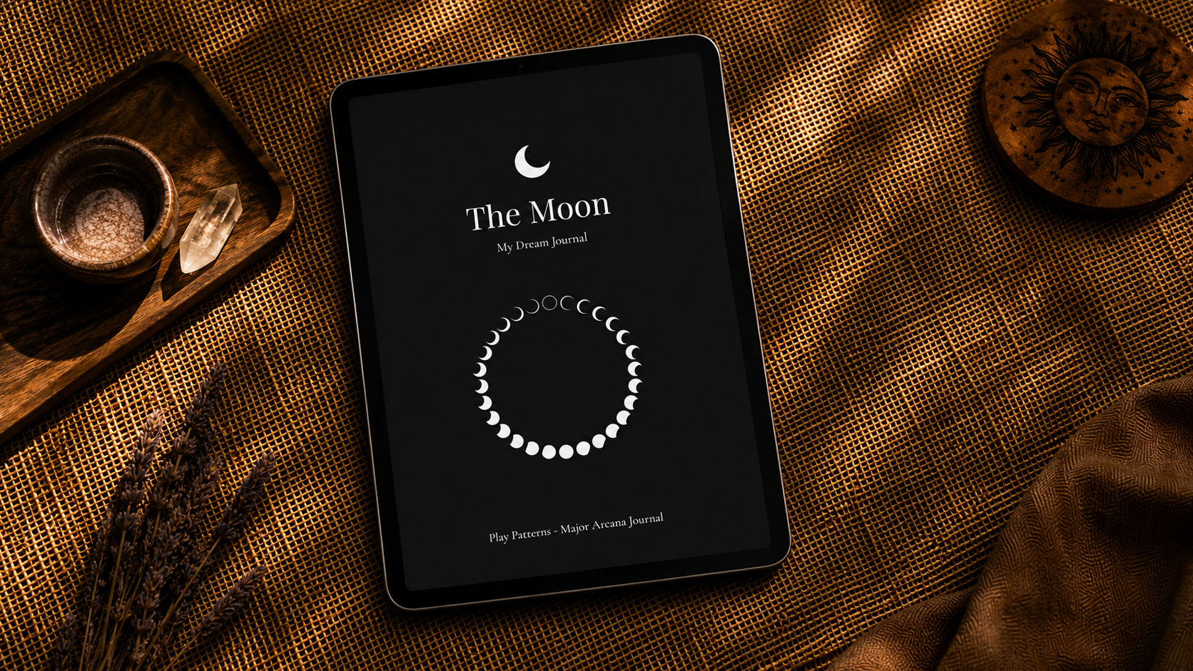 The Moon Journal digital journal flat lay with earthy tones and soft natural light