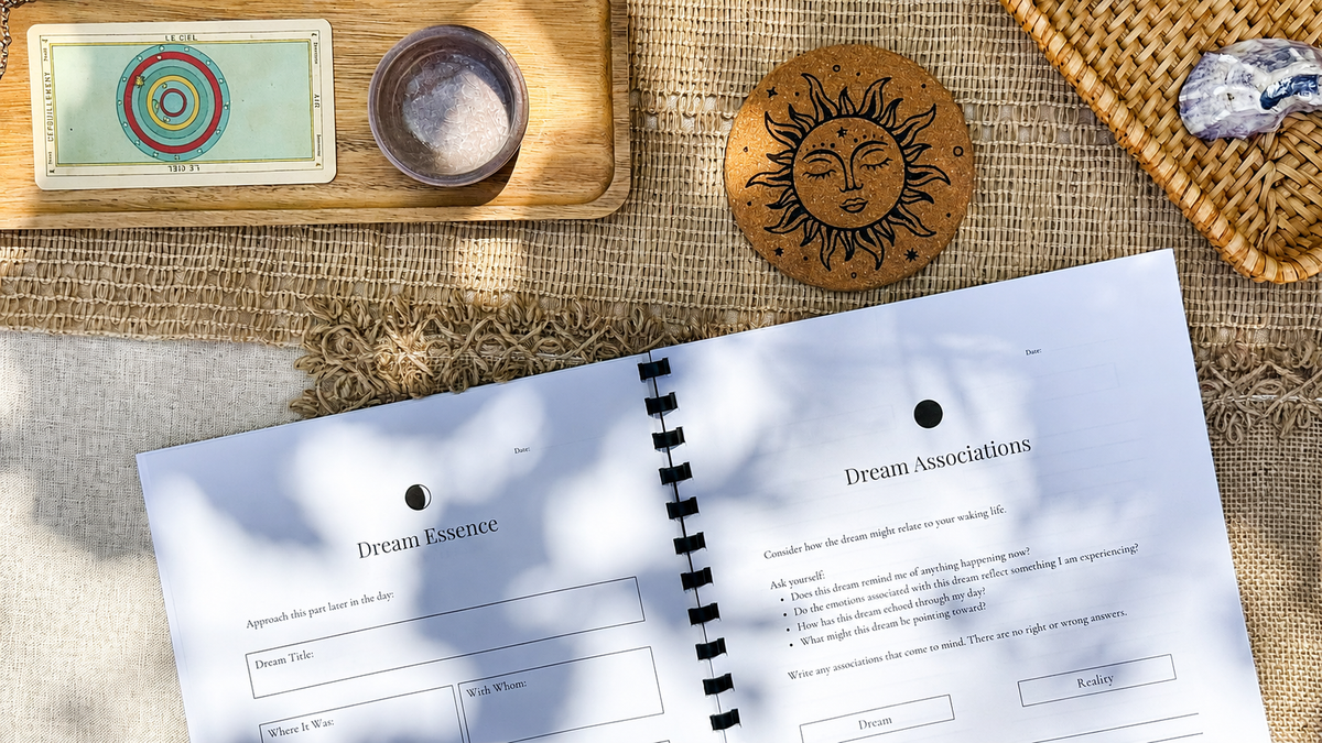 The Moon Journal lifestyle shot – dream self-reflection journal on a cozy desk