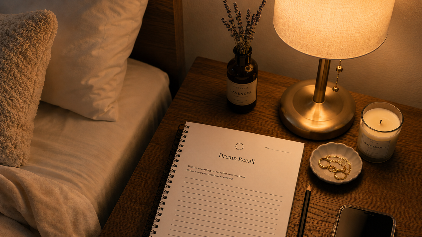 Inside preview of The Moon Journal – daily reflection prompts with moon cycle layout on a bedside table
